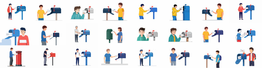 People sending and receiving letters using various mailboxes, including curbside boxes and pillar boxes, illustrating postal services and communication.