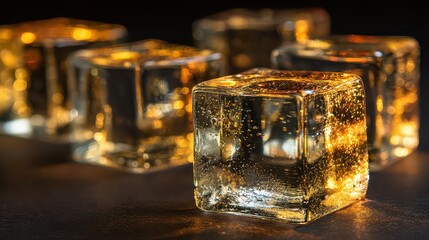 Macro Shot of Transparent Ice Cubes with Golden Lighting Against Dark Background for Refreshing Beverage Mockups