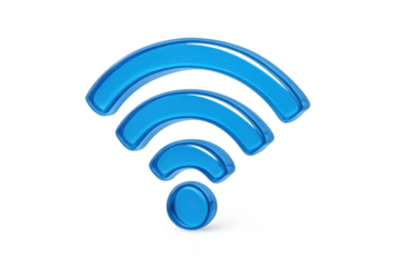 Blue glossy 3d icon visualizing wi-fi, internet connection, digital network, and data transfer. Transparent background