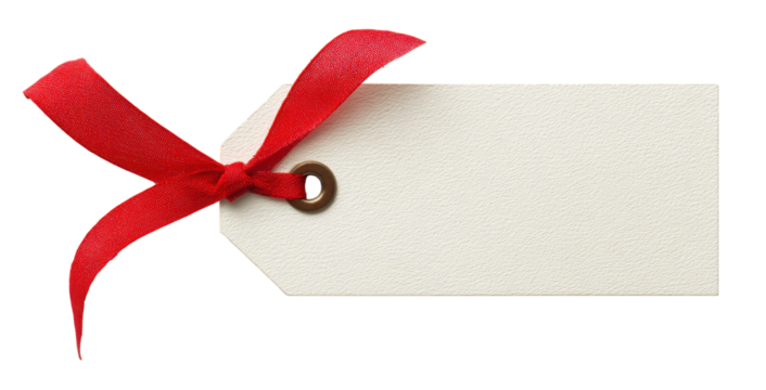 A white tag with a red ribbon tied to it, isolated on a transparent background - Powered by Adobe