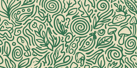 Fototapeta premium Seamless organic line art pattern featuring abstract natural elements flowing vines, diverse leaves, charming mushrooms, and fresh peas, perfect for botanical backgrounds