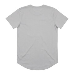 Fototapeta premium Back view of a plain light grey men's or unisex t-shirt with a longline, rounded hem on a white background, perfect for product photography and apparel design mockups