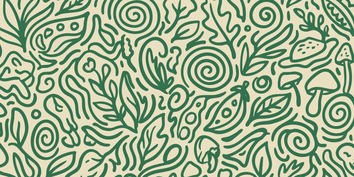 Seamless organic line art pattern featuring abstract natural elements flowing vines, diverse leaves, charming mushrooms, and fresh peas, perfect for botanical backgrounds