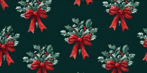Seamless Christmas Pattern Repeating Red Bows and Green Holly Leaves on Dark Teal Background