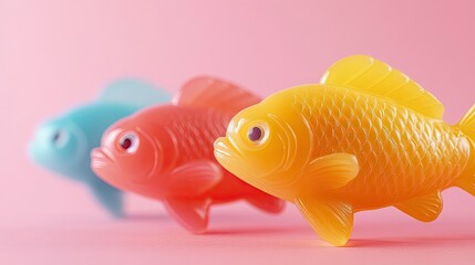 Colorful plastic toy fish on pink background, yellow, red, and blue fish lined up, playful and fun decorative objects for home or office