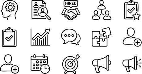Essential business and HR management linear icons for recruitment, strategic planning, team collaboration, communication, analytics, and goal achievement solutions