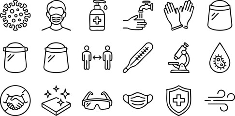 Essential vector line icons illustrating health, hygiene, personal protection, and crucial public safety measures for effective virus and illness prevention