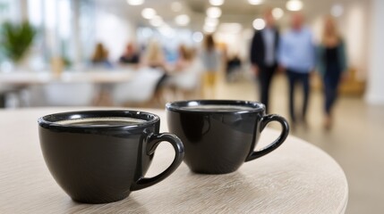 Two elegant black coffee cups sit on a smooth wooden table, surrounded by the energetic atmosphere of an office where coworkers share ideas and laughter during a busy day