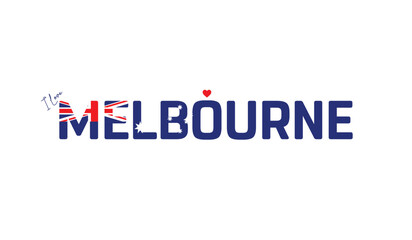 I love Melbourne, Typographic design of I love Melbourne on a white background, Flag typography of Melbourne with heart, Vector design of city of Australia, City of Australia © Malik_Atelier