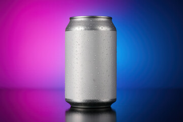 Blank Aluminum Beverage Can With Condensation On Vibrant Gradient Background