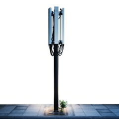 A sleek, modern street charging station stands tall on a gray, tiled sidewalk with a small plant growing beside its base.