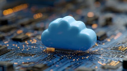 Blue cloud hovering above a futuristic circuit board representing cloud computing, digital data flow, and modern technology infrastructure for it networks and innovation