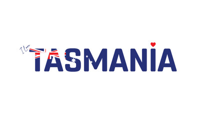 I love Tasmania, Typographic design of I love Tasmania on a white background, Flag typography of Tasmania with heart, Vector design of city of Australia, City of Australia © Malik_Atelier