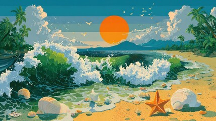 Pixelated Beach Scene With Orange Sun Green Waves Palm Trees And Seashells