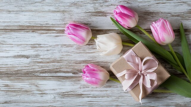 Elegant gift box with pink and white tulips on a rustic white wooden background - Powered by Adobe