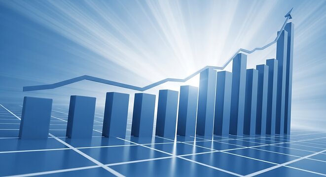 Blue bar graph and line chart showing upward trend and growth on a grid background with light rays - Powered by Adobe