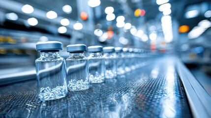 Production Line of Glass Vials with Blue Tint on Conveyor Belt in Pharmaceutical Factory Setting with Blurred Background