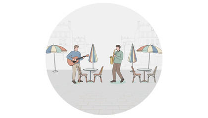 Two musicians performing outdoors with colorful umbrellas and chairs  
