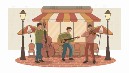 Three musicians performing outside a cafe with street lamps  
