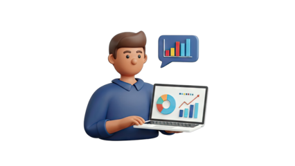 3D Man Analyzing Charts on Laptop - Business Concept