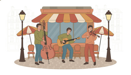 Musicians playing guitar and violin outdoors at cafe with umbrellas  