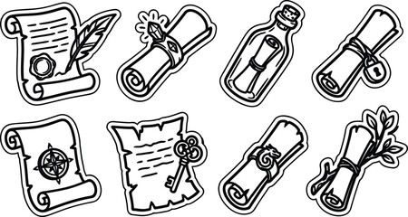 black and white illustrations of scrolls and messages