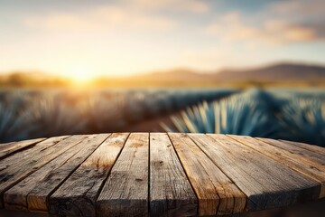 Rustic Wooden Tabletop with Blurred Agave Field and Sunset Sky Background