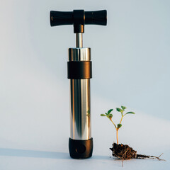 A silver and black manual coffee grinder stands next to a small green sprouting plant on a light blue background