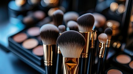 Professional makeup brushes and tools in a gold and black makeup brush set with blurred background of makeup palette