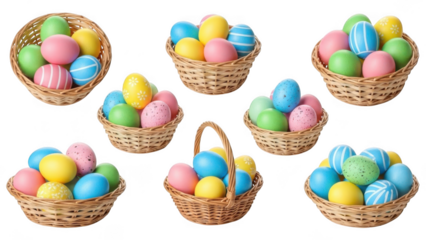 Assorted Easter Eggs in Wicker Baskets Isolated on Transparent Background Keywords: easter eggs