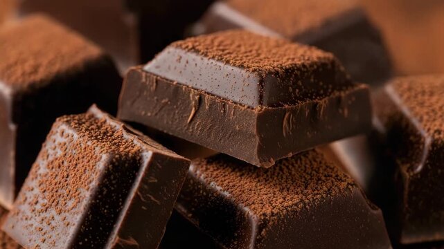 Closeup of rich, dark chocolate pieces sprinkled with cocoa powder