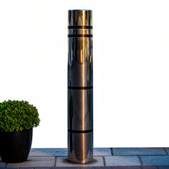 A tall, metallic sculpture stands on a brick surface next to a potted plant, showcasing modern design and architecture.