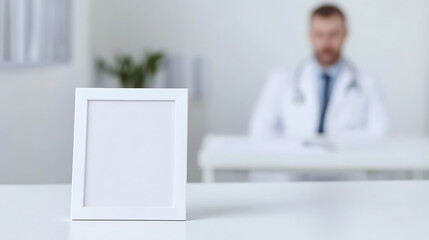 Clean image of a white picture frame with a doctor blurred in the background, copy space. Perfect for healthcare marketing, announcements, or celebrating achievements.
