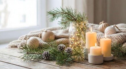 Cozy winter holiday decor with lit candles pine branches and fairy lights on a rustic wooden table