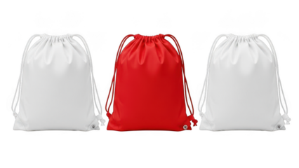 Three drawstring bags one red and two white isolated on transparent background gym bag