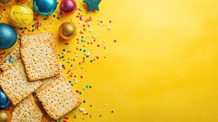 Fototapeta premium Festive purim celebration with matzah crackers, colorful confetti, and shiny ornaments scattered on a vibrant yellow background, top down view