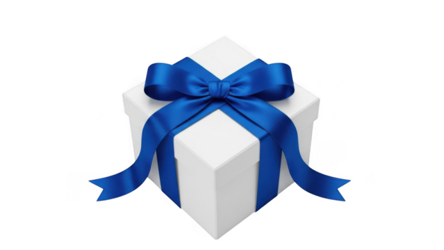 White gift box with blue ribbon and bow isolated on transparent background present - Powered by Adobe