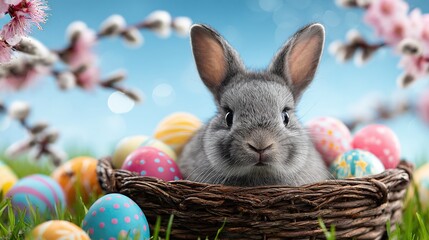 Adorable grey easter bunny in a rustic basket filled with vibrant eggs under a spring sky