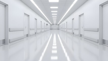 Vista de pasillo de oficina vac&iacute;a para puertas de proyectos de dise&ntilde;o de atenci&oacute;n m&eacute;dica, piso brillante