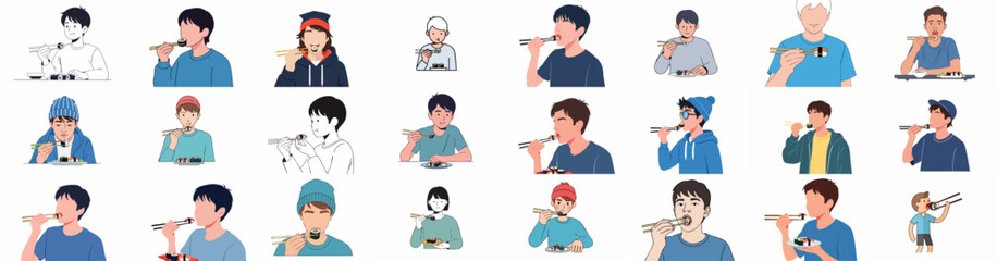 Diverse people enjoying sushi set in various illustrated scenes, depicting eating Japanese food with chopsticks in a collection of flat and line art styles.