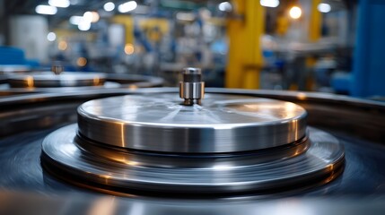 Fototapeta premium Close up of a spinning metallic industrial component in a modern factory setting with blurred background