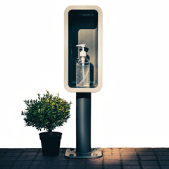 Outdoor Hand Sanitizer Dispenser Station with Potted Plant on Tile Floor