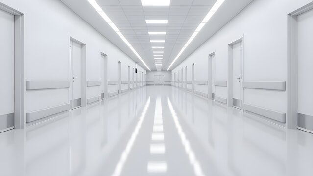 Vista de pasillo de oficina vac&iacute;a para puertas de proyectos de dise&ntilde;o de atenci&oacute;n m&eacute;dica, piso brillante