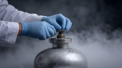 Hands in blue gloves turning a valve on a cryogenic tank emitting cold vapor