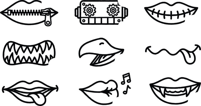 various cartoon mouths and lips with different expressions  simple line drawings