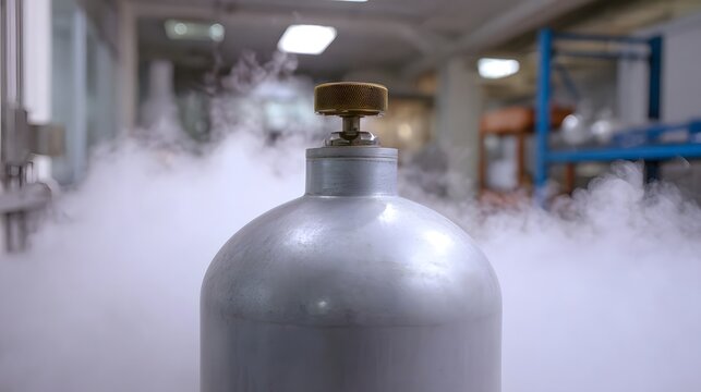 Close up view of a cryogenic gas cylinder valve releasing cold vapor and fog in a brightly lit laboratory or industrial facility
