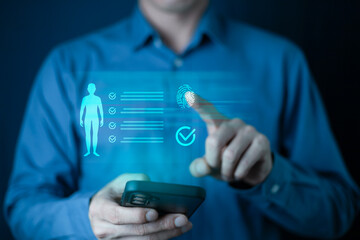 Health check concept.The technology to check health with smart watch. Futuristic smart watch technology male looking at watch checking health. holographic icon user interface