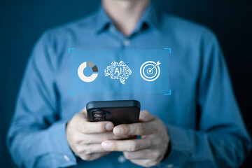 Businessman using smartphone and touch  virtual target interface, planning tasks, time management, and productivity. Business efficiency