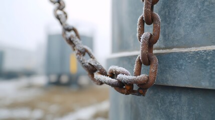 A rusty frost covered metal chain hangs outdoors in a cold foggy industrial setting
