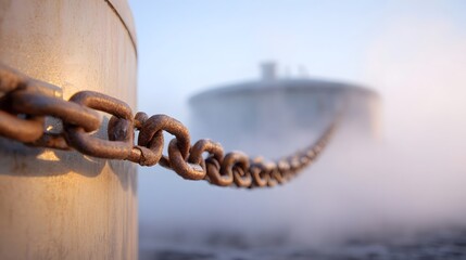 Rusty chain anchored to a post in the foreground leading into a hazy out of focus industrial structure shrouded in morning mist